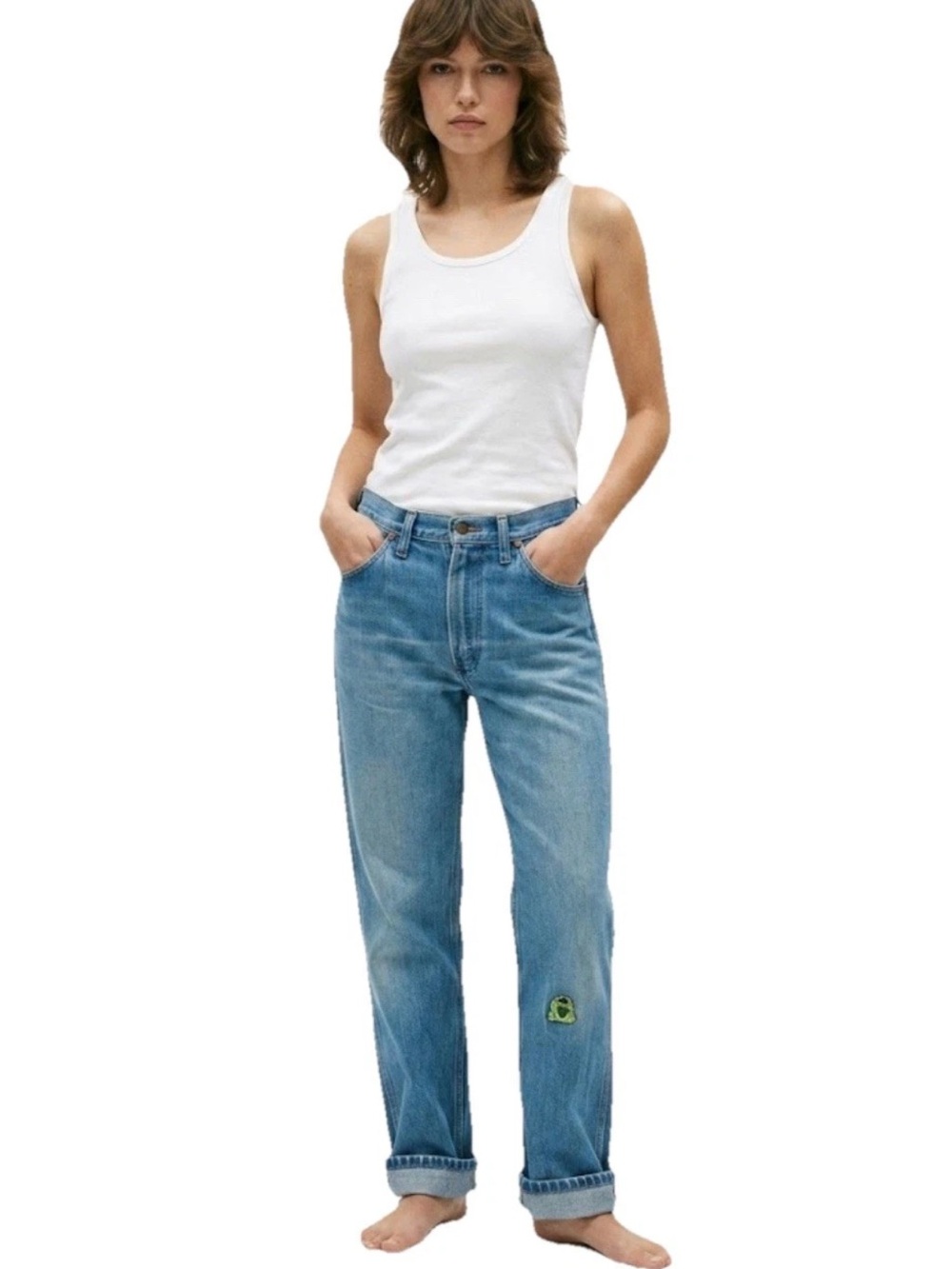Vintage 70s Wrangler Light Blue Boyfriend Jeans Hippie Frog Patch USA 29x29